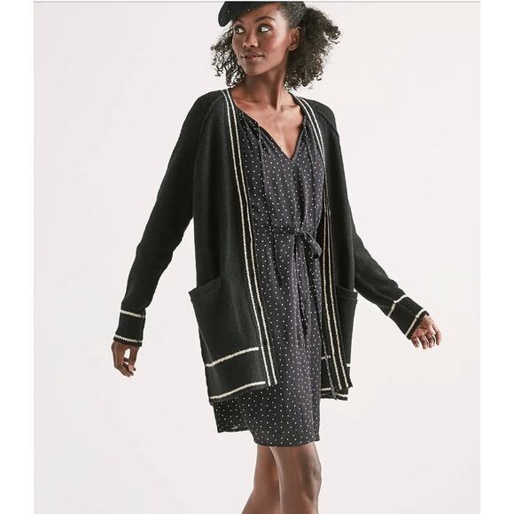 Lucky Brand Longline Cardigan Sweater Womens Small Black Tipped Button Front - Picture 1 of 12
